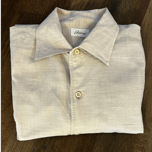 Brioni Beige Men's 100% Cotton Button Up Dress Shirt Size Medium Italy - Picture 1 of 10